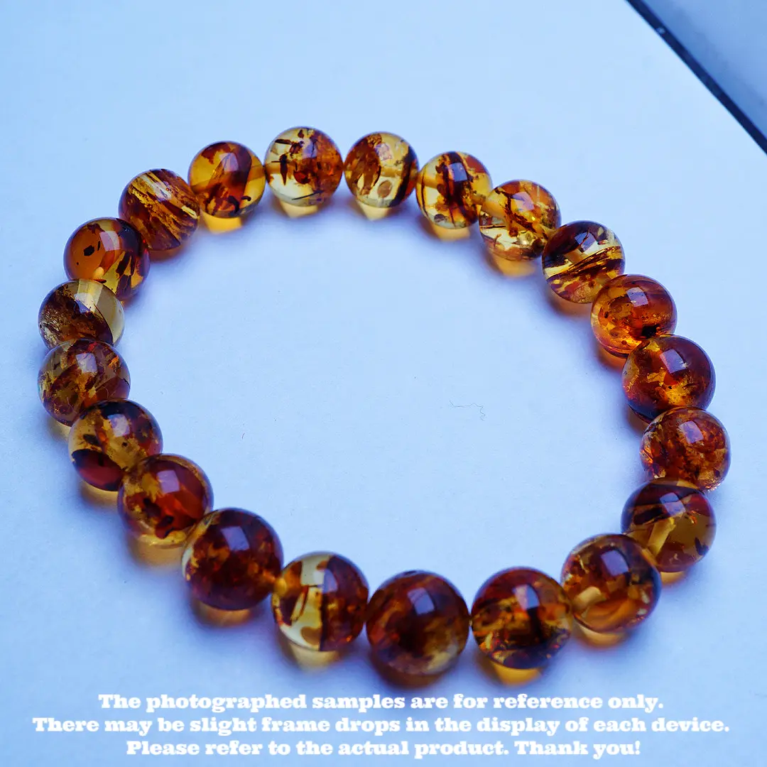 Natural Flower Amber and Beeswax Round Bead Bracelet