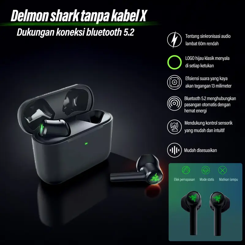 Headset gaming headset Bluetooth nirkabel sejati Razer Hammerhead dengan mikrofon HiFi stereo 0