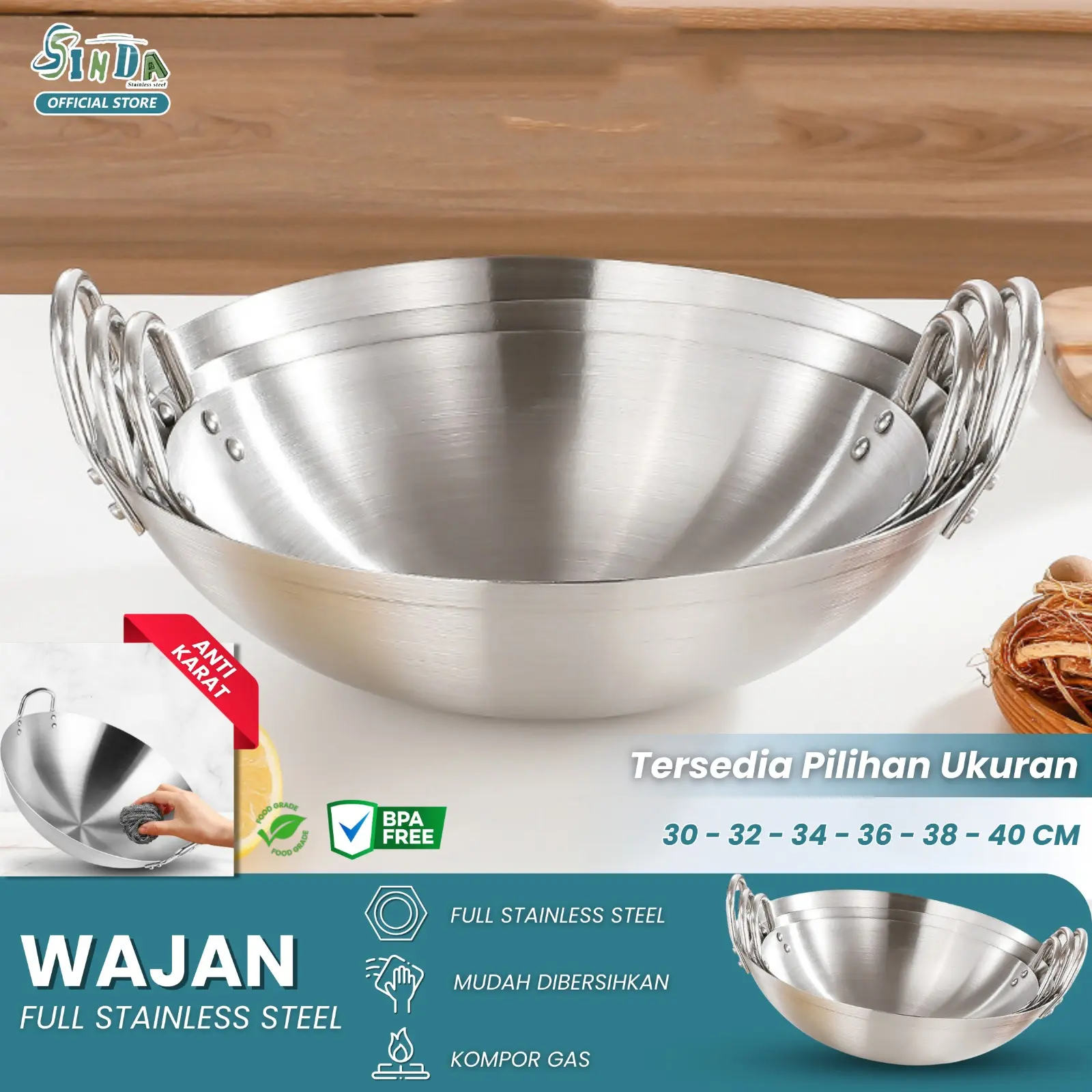 SINDA Wajan Stainless Steel Anti Lengket 555 – Kuali Premium 6 Ukuran dengan Pegangan Stainless, Ideal untuk Memasak Sehari-hari (COD)- Dapur