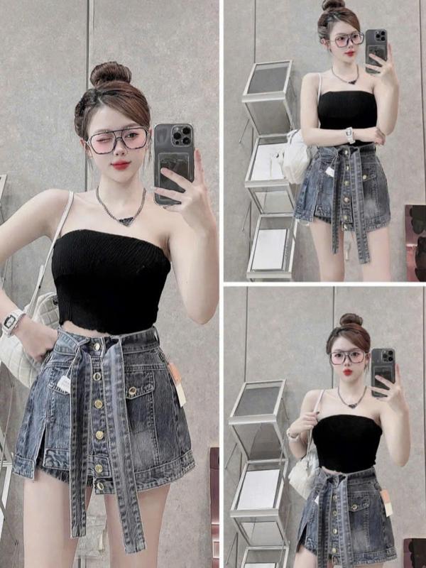 Chân váy jean ngắn MELINA ( tặng kèm đai) quần đùi giả váy nhiều khuy cạp cao bóp eo thon gọn màu xanh đen size S M L SPG11