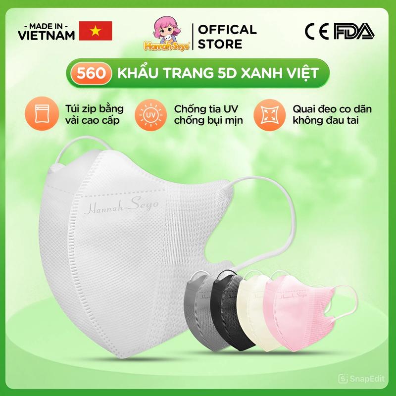 [COMBO TIẾT KIỆM HƠN] Thùng 500c/560c Khẩu Trang 5D Xanh Việt Hannah Seyo - Khẩu Trang Chống Tia UV, Bụi Mịn 3 Lớp Vải Không Dệt Cao Cấp -  