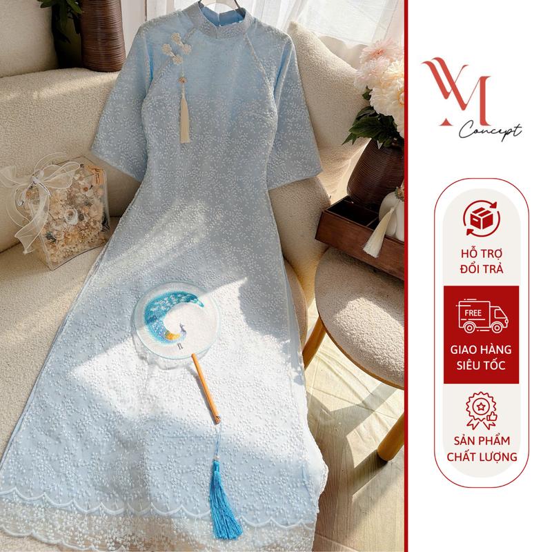  YM Concept Áo Dài Ren Thêu Nổi Tay Lửng Ống Loe Kèm Quần Trắng - Áo Dài Tết Nữ Thanh Lịch AD1537 