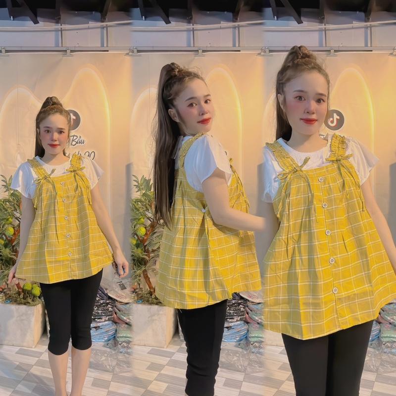 Áo bầu karo yếm xinh thêu hình hai túi Váy Bầu Len Đầm Bầu Voi