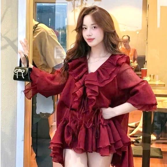 Váy babydoll cổ V bèo tay dài bo chun dây buộc nơ 2 bên eo váy nữ xinh nhẹ nhàng