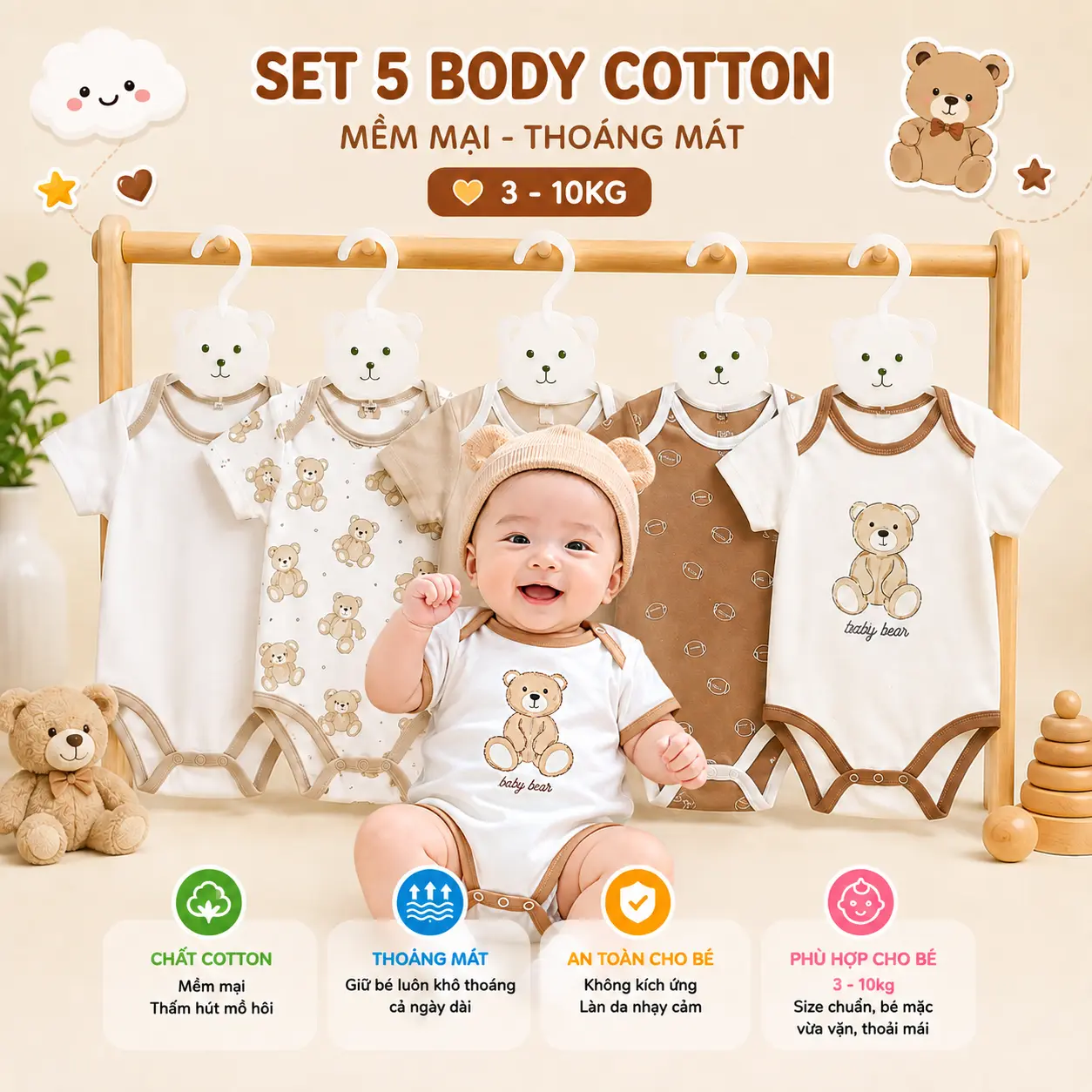 Set 5 Áo liền quần ngắn tay cho bé sơ sinh 3-9kg chất vải Cotton xuất dư BC11