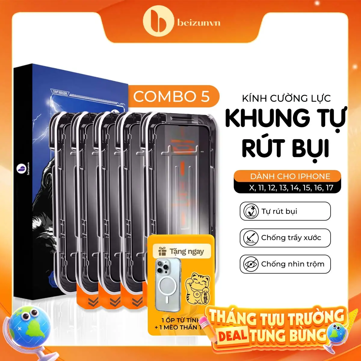 [Beizun] Combo 5 Kính Cường Lực GLASS Khung Tự dán, Tự Rút Bụi Viền Cong 2.5D Siêu Mượt |Trong Suốt/Chống Nhìn Trộm|Chống Va Đập, Chịu Lực Tốt | Bảo Vệ Màng Loa,Chống Bám Bụi | iPhone 7 - iPhone 17 Promax|TẶNG Ốp Chống Sốc + Mèo Thần Tài