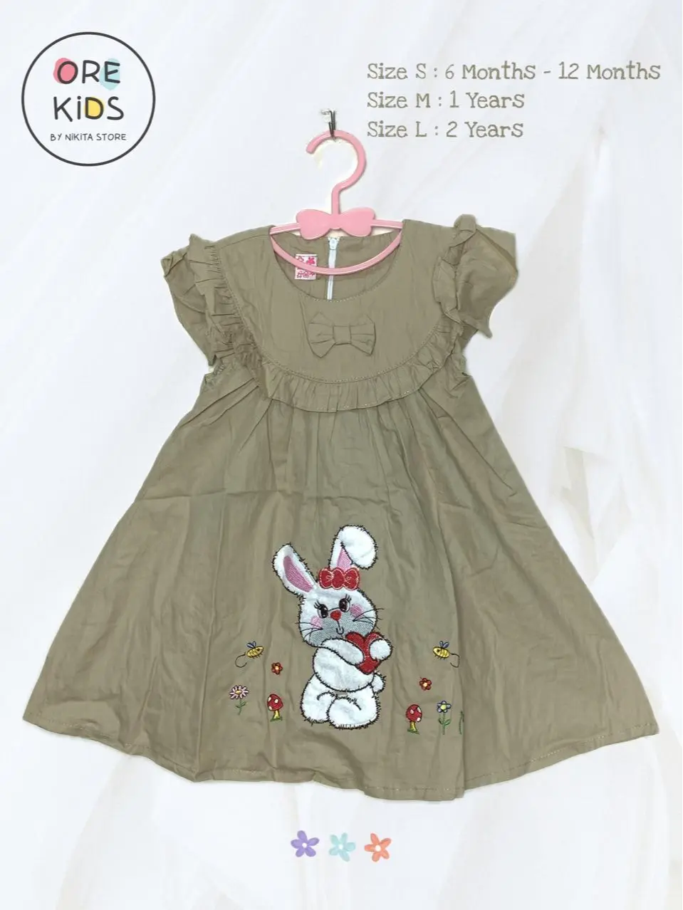 2160 Dress Bayi 6 Bulan - 2 Tahun Motif Bordir Kelinci Pita