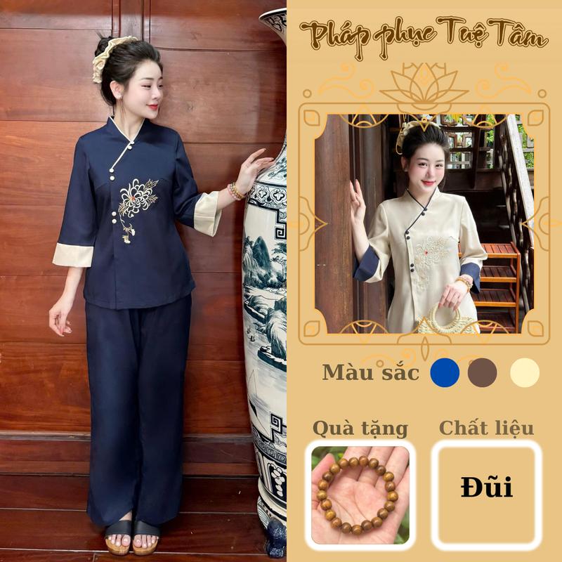    HÀNG MỚI   Tuệ Tâm Đồ lam đi chùa nữ cổ V dáng vạt hò tay lỡ phối màu thêu họa tiết hoa cúc Pháp phục cách tân chất đũi thanh lịch 