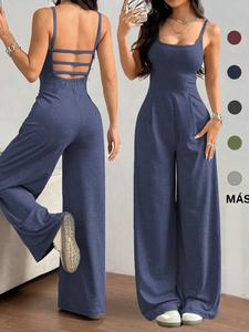 Mono de color sólido sin espalda para mujer, 1 unidad de mono casual y cómodo de pierna ancha para verano, Mono para uso diario para mujer
