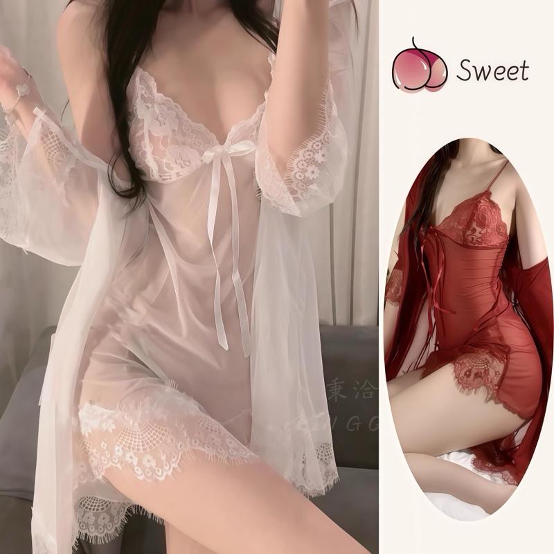  Đầm ngủ sexy ren voan mỏng có kèm áo choàng thắt dây Women 