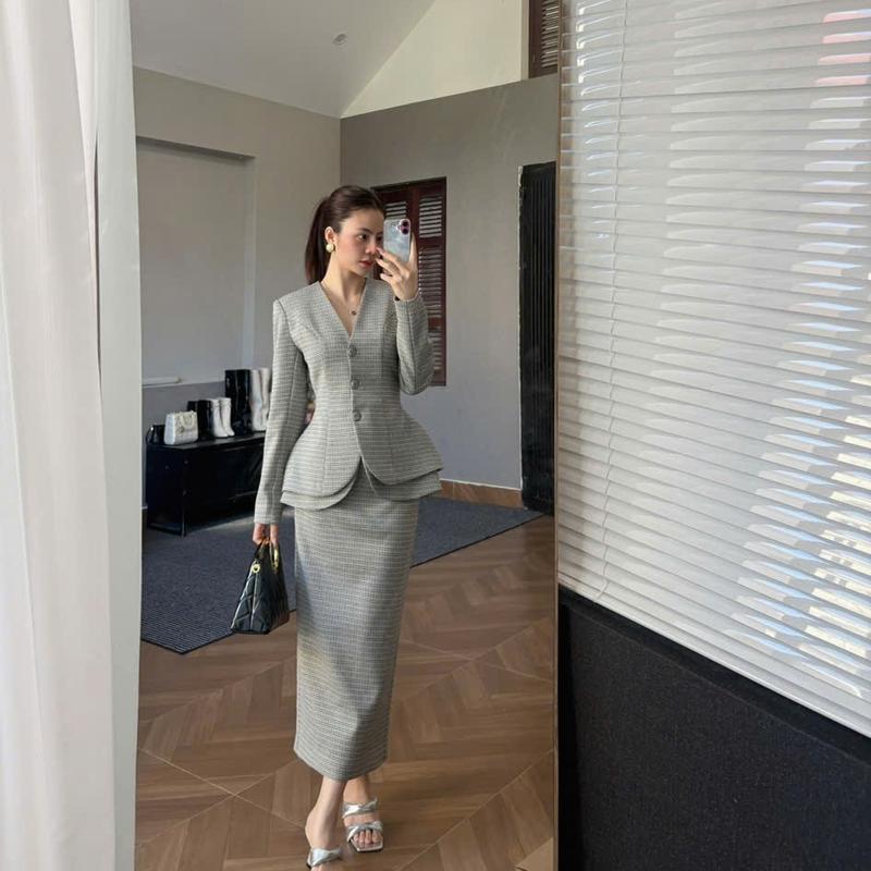  ME Design - Set Linny công sở 68 áo vest phối vạt trắng + Chân váy bút chì chất vải chéo ý dày dặn size SML 