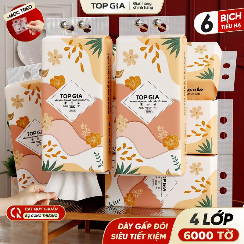 COMBO THÙNG 6 BỊCH Khăn Giấy Rút Đáy Tiểu Hạ TOPGIA 4 Lớp Mềm Mịn, Thành Phần Bột Gỗ Tự Nhiên Thân Thiện An Toàn, Khăn Giấy Vệ Sinh 1000 tờ,4 lớp Tặng 2 móc treo tiện lợi ĐẠT QUY CHUẨN CỦA BỘ CÔNG THƯƠNG VTG86