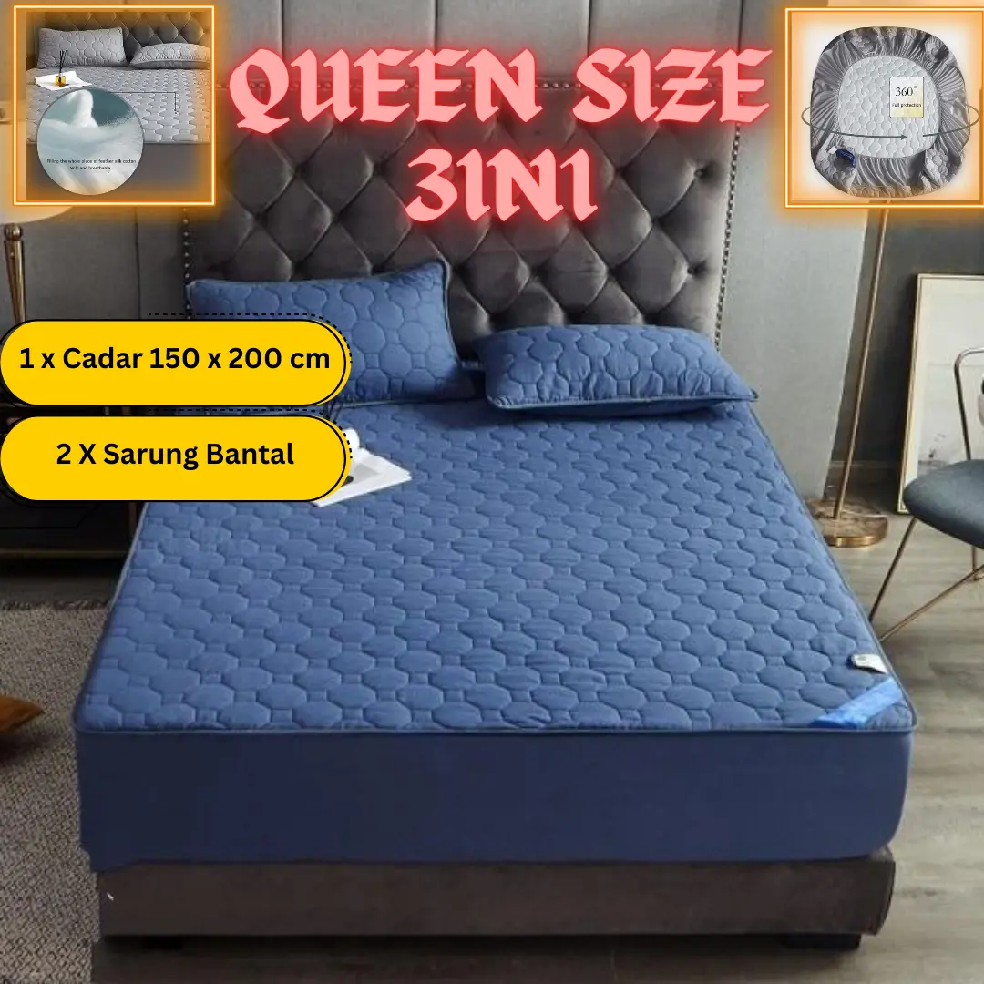Cadar Topper Queen H1LTON Set 3IN1 Plain H0tel Size Full Cover Premium Cotton Fitted Getah keliling Bedding Soft Breathable