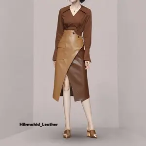 Rok Kulit PU Leather Midi Model Mix Dua Warna Menyilang Korean Style Terkini Best Seller By Hikmah.id