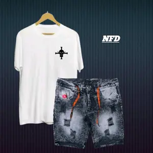 PROMO Setelan kaos motif Distro 1set kaos dan celana jeans pendek sobek Riped Distro Pria