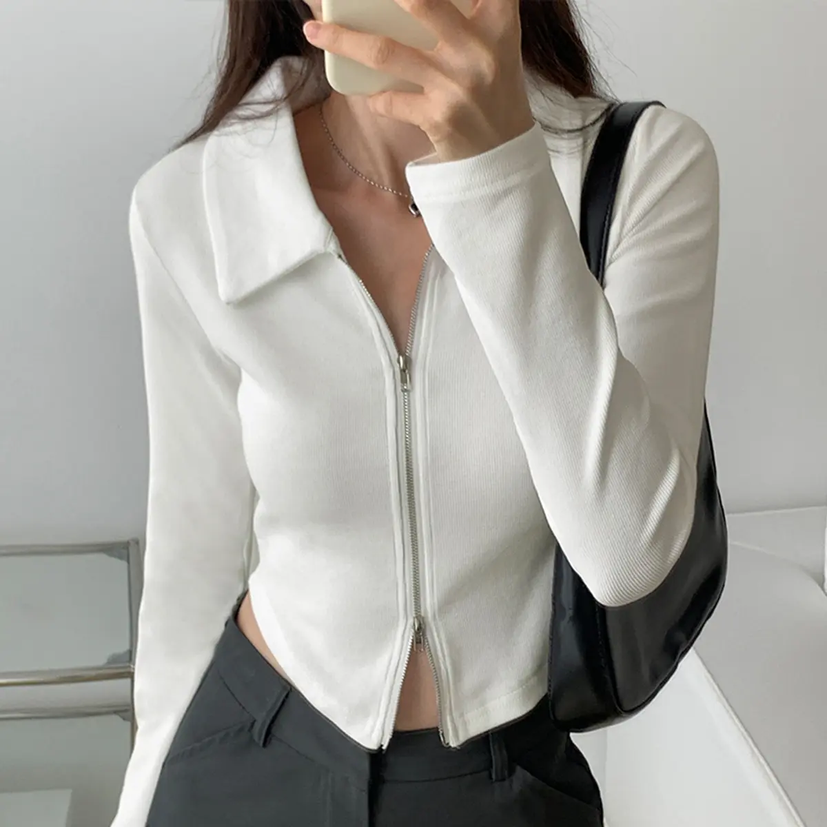 [Premium] kaos lengan panjang wanita polos/Kaos crop putih ritsleting ganda/baju tangan panjang wanita korea/kaos wanita kekinian Katun Atasan Top Oversize