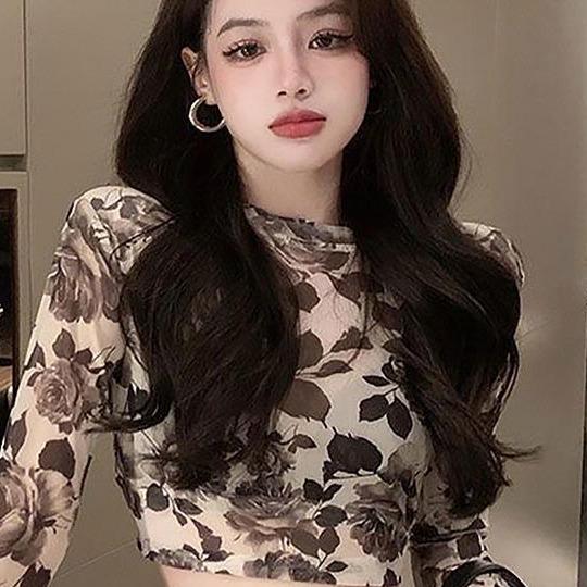 Áo Thun Dài Tay Cổ Tròn Cho Nữ, Áo Crop Top Mỏng, Retro, Hoa, Mùa Xuân 3