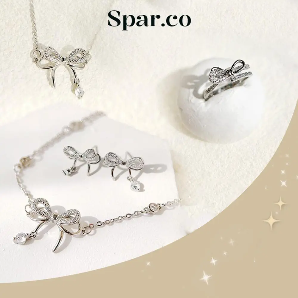 Spar.co Set Perhiasan Ribbon Silver Series Paket Aksesoris Motif Pita Anting Gelang Cincin Kalung Rntai Silver Hadiah Elegan SP-BUNDLE-011