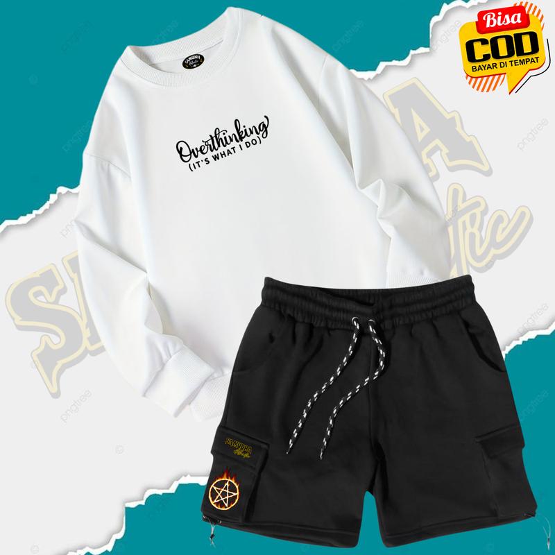 Product Introduction of ONE SET SWEATER CREWNECK 1 STELAN CARGO POLOS PRIA | WANITA / UNISEX WARNA HITAM SABLON KEREN Celana Cowok Setelan Distro Panjang Katun Hoodie Casual setelan  hoodie dewasa 5