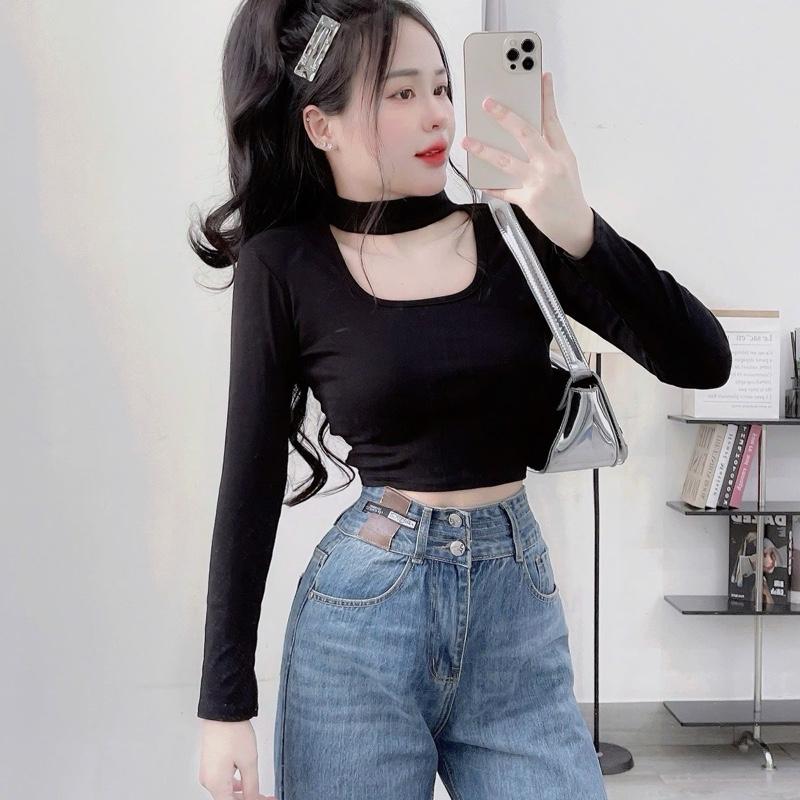 Áo croptop nữ cổ vuông choàng cổ trơn Tay dài áo dày thun bozip mịn ôm chuẩn body Voi Women Nhung Jean