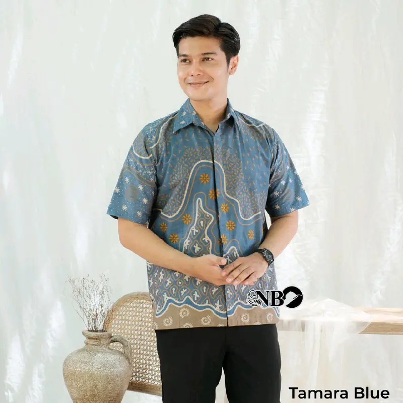 Kemeja Batik Pria Lengan Pendek Biru Katun Seragam Hem Atasan Motif Kancing Baju Navy - Size M L XL XXL - Panjang, Kerja 4