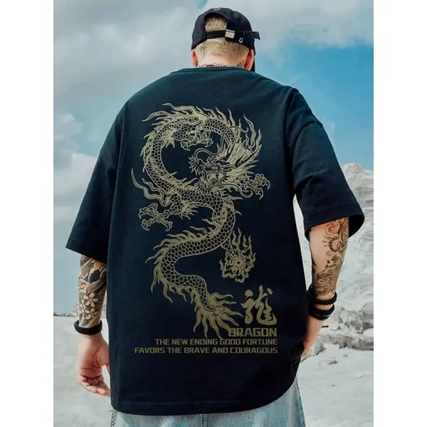 M-5XL 2024 CNY T shirt Giant Dragon Print Men's Short Sleeve Tshirt Casual Oversized Shirt Big Size Graphic Tees Chinese New Year Clothing Red Street Trend Style Tops