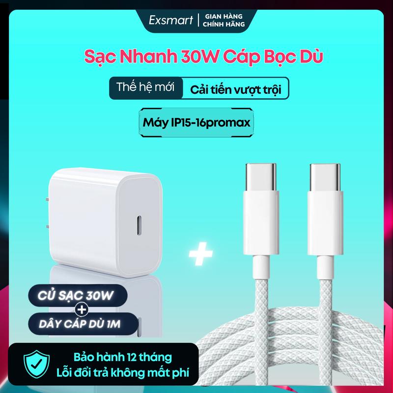 ExSmart Bộ Sạc Nhanh IP 30w Type C 15 An Toàn Không Nóng Cáp Bọc Dù Chống Gãy Gập Độ Bền Cao Tốc Độ Nhanh 60% trong 30 phút Bảo Vệ Pin An Toàn Cho Điện Thoại
