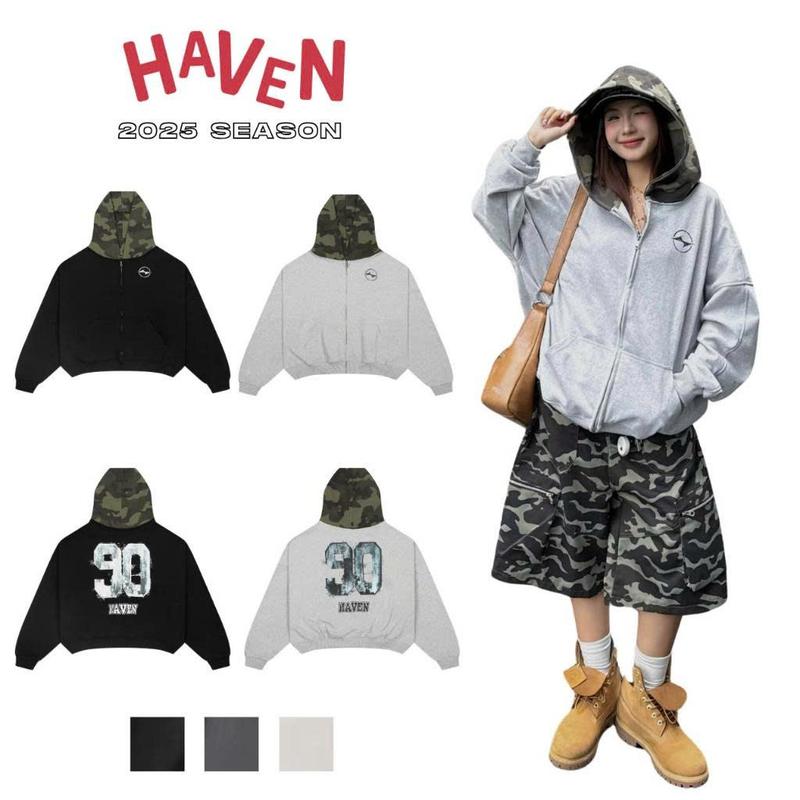  Áo hoodie form boxy in số 90 phối nón camo rằn ri Haven Studio chất nỉ cua dày dặn 