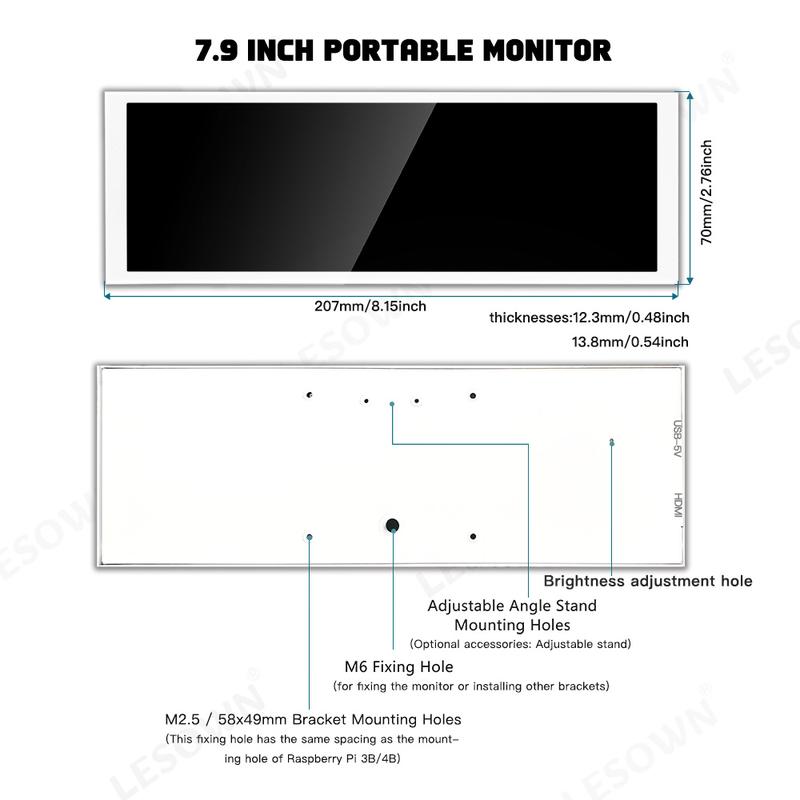 Product Introduction of LESOWN 7.9 inch 400x1280 IPS Bar LCD HDMI Wide Display Touch 500Nits High brightness 7.84 Long Stretched Secondary Monitor White 1