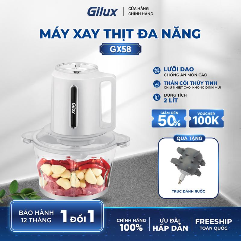 Mua 1 Tặng 1 - Máy xay thực phẩm đa năng - Gilux GX58 dung tích 2L, Công suất 300w lưỡi dao inox thiết kế gọn nhẹ + Tặng Kèm đánh ruốc