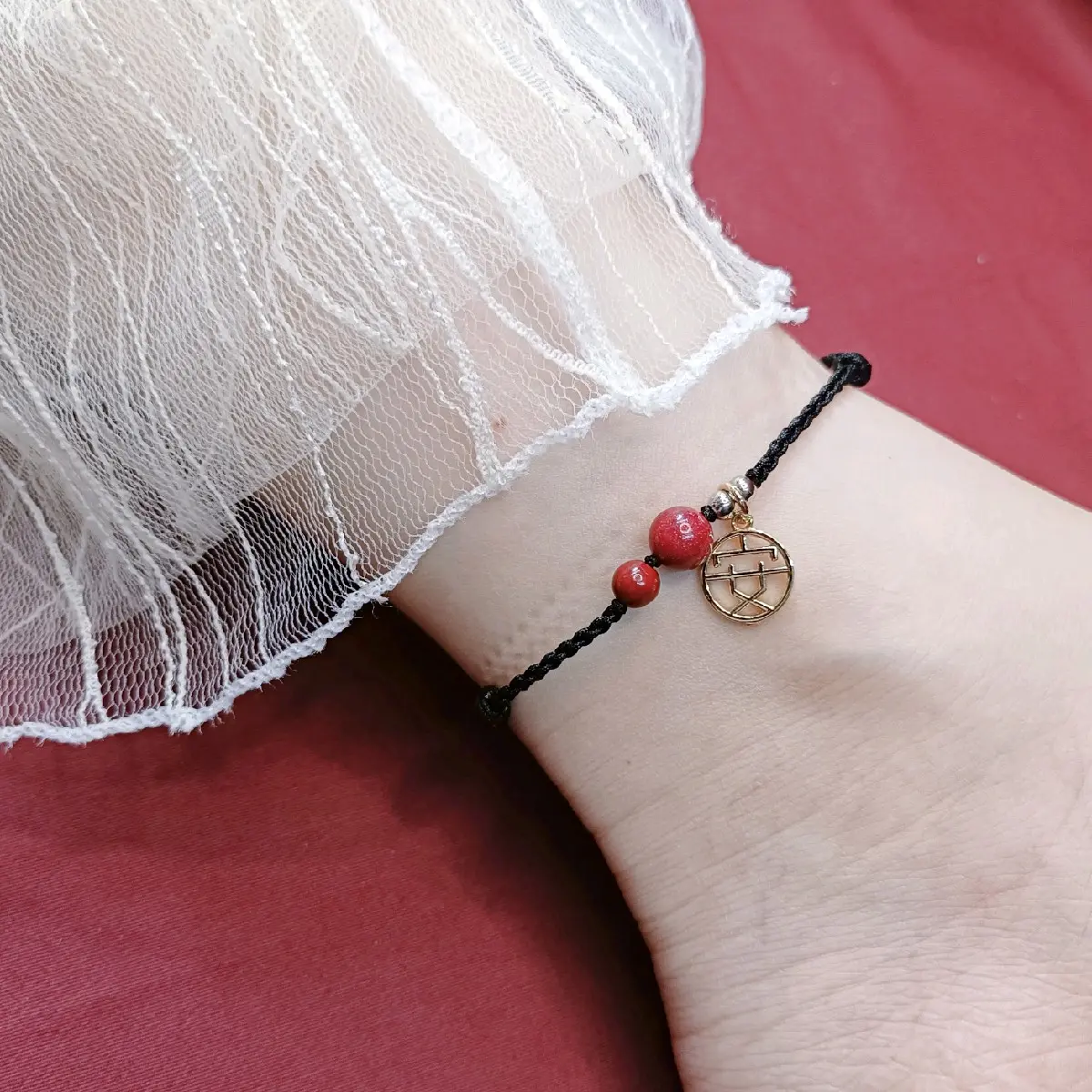 Gelang Kaki Adjustable Charm Hoki Dan Sejahtera Kombinasi Batu Pasir Merah Tali Simpul Tahan air HS1 Bracelets  Hiasan Manik Stainless