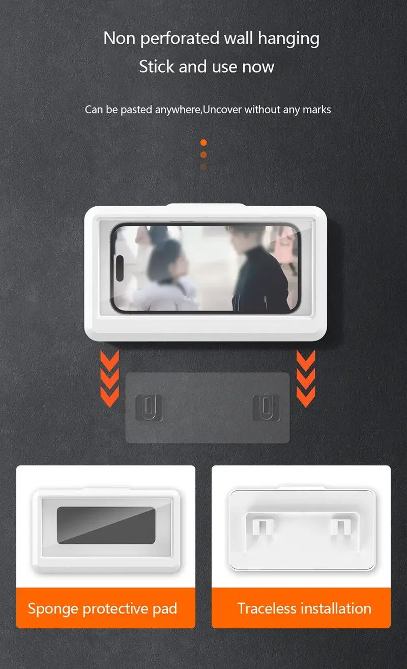 Product Introduction of Waterproof Bathroom Wall-Mounted Mobile Phone Holder with Touch Screen Protective Cover for Kitchen Sealed Storage 8