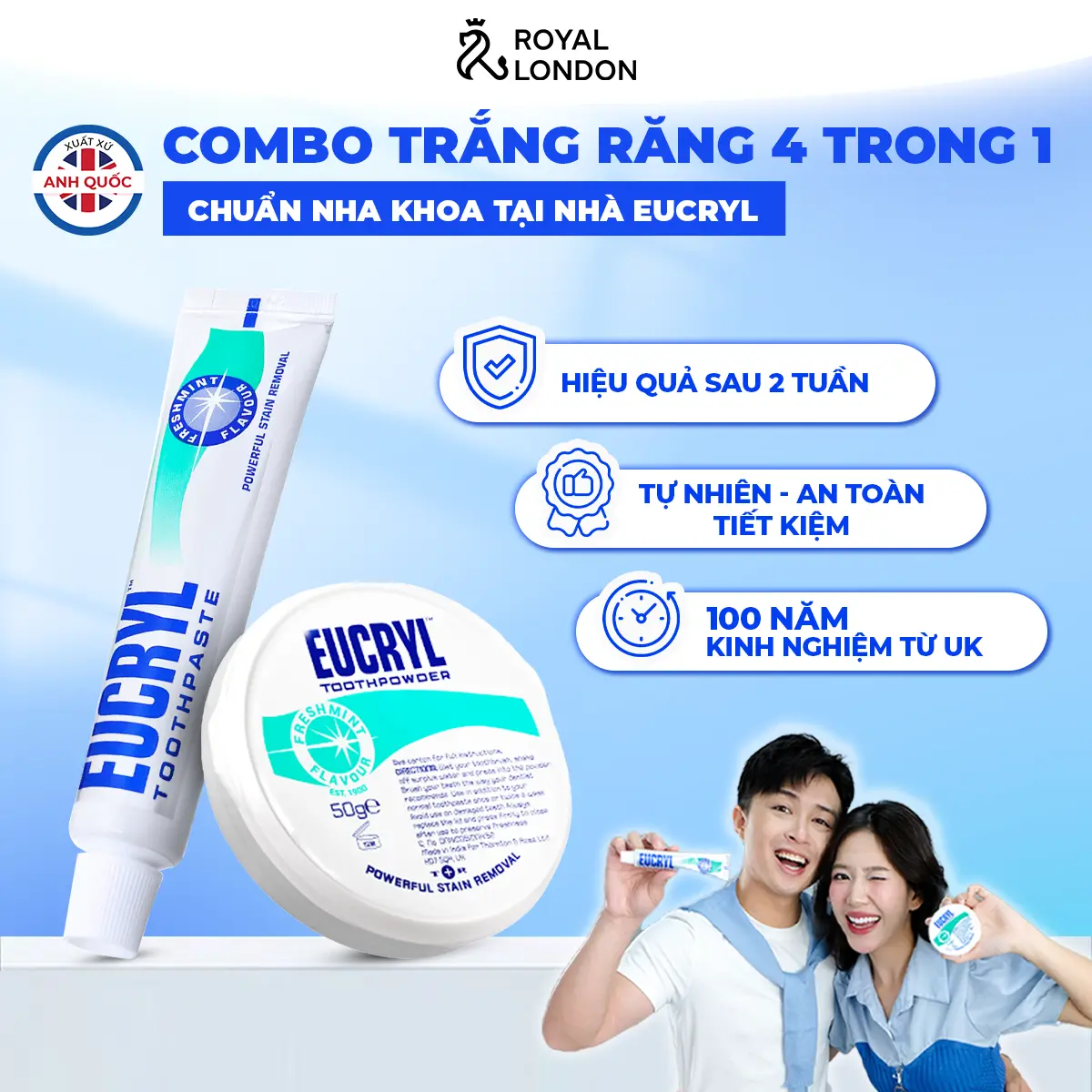 Combo trắng răng an toàn 4 trong 1: Kem đánh trắng răng Eucryl 62g + Bột hỗ trợ trắng răng Eucryl 50g chính hãng từ Anh Quốc - Làm trắng răng, Sạch mảng bám, Ngăn sâu răng, Giảm hôi miệng