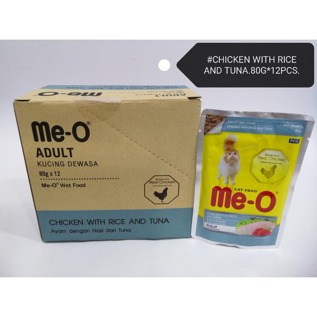 (12xPacks) Me-O Pouch Adult Wet Cat Food Feed 80gram Chicken with Rice and Tuna Makanan Kucing