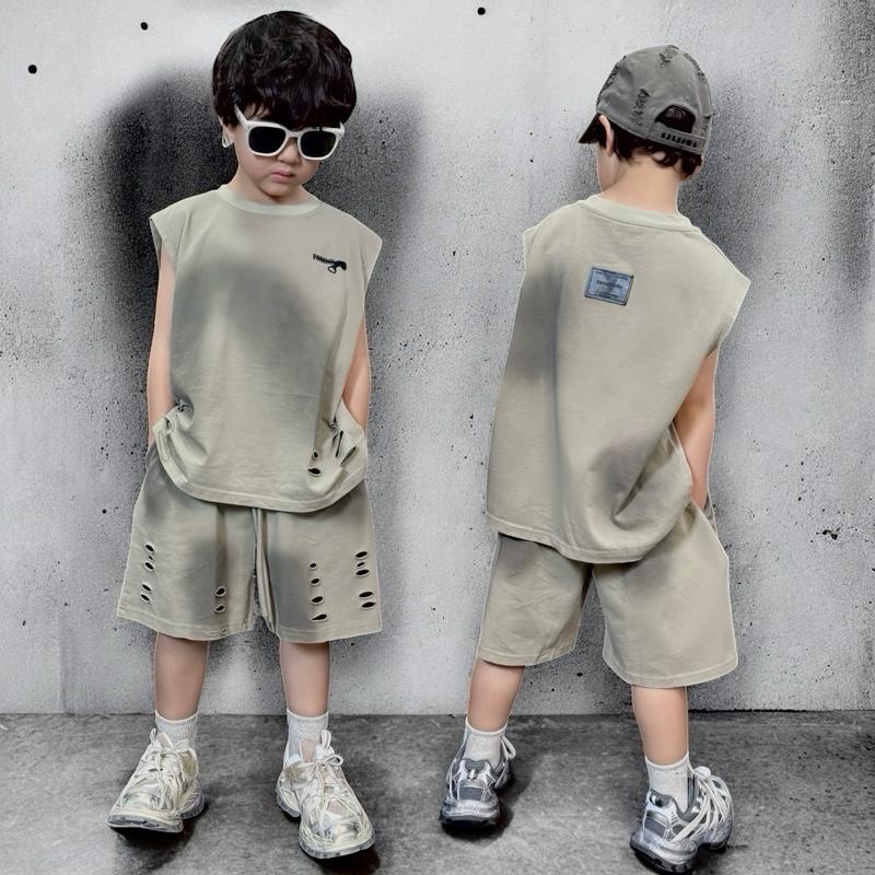 5111-bộ quần áo sát nách rách màu ghi be loang khói cho bé trai bé gái