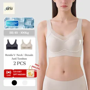 URU [2PCS] Bra V Renda Seamless bh wanita lite bra ringan jumbo pakaian Lebar Tanpa Kawat