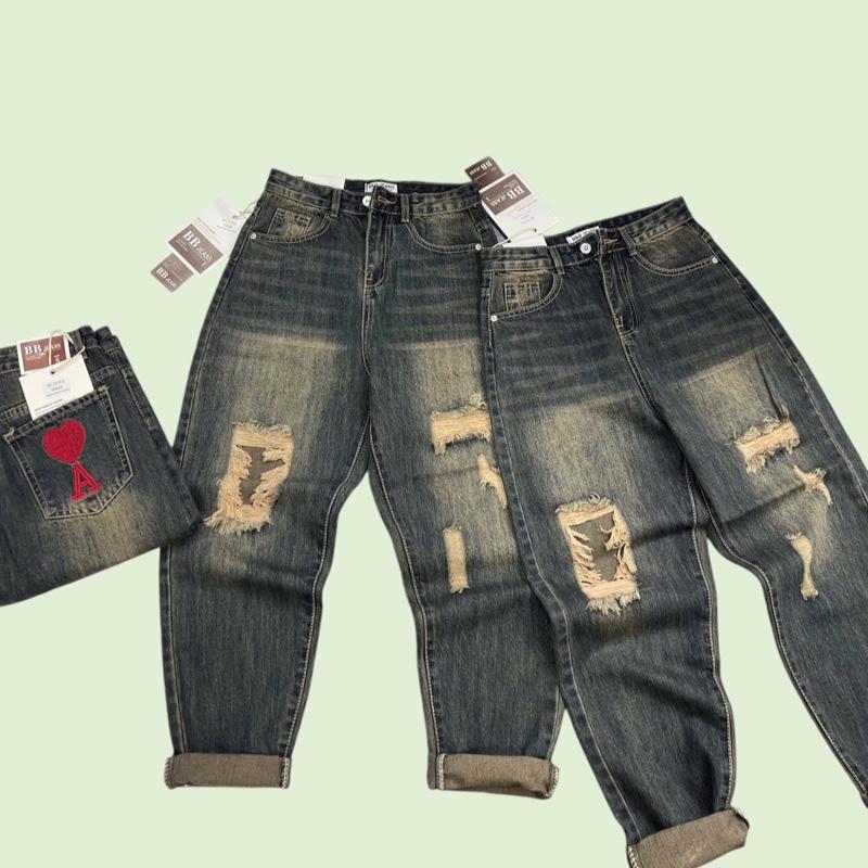 Quần jean 9 tấc nữ Baggy Thêu Túi kiểu B08 Đủ Size S M L Women Kem Voi Pants quần jeans