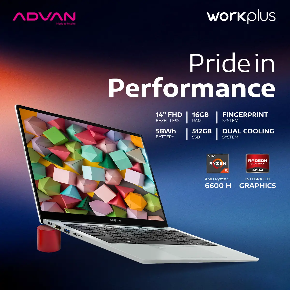 ADVAN Workplus AMD Ryzen 5 6600H 14" FHD IPS 16GB/512GB Laptop Notebook Free Windows 11 Upgradeable