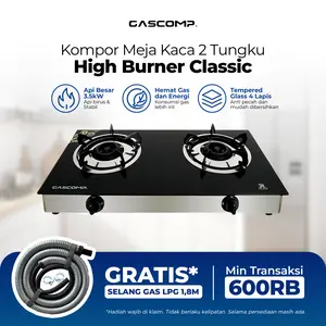 {EXCLUSIVE DAMAI.HARMONI} GASCOMP Kompor Gas Meja Kaca 2 Tungku Double Classic | High Burner 3.5KW | Hemat Gas | SNI | Garansi Kaca 5 Tahun