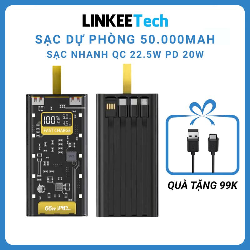 Sạc Dự Phòng Trong Suốt Dung Lượng 10.000mAh Sạc Nhanh PD22.5W - Tích hợp 4 cáp sạc - 10 Đèn LED Chiếu Sáng