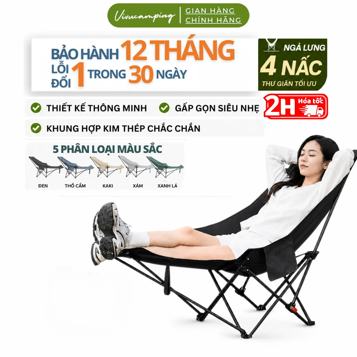 Ghế Camping Xếp Gấp Gọn Câu Cá Dã Ngoại Ngả Lưng Vivucamping Chịu Tải 120kg Hợp Kim Nhôm Vải Oxford 600D 2 Lớp Dày Dặn 30 Ngày Đổi Mới Kèm Gác Chân Thư Giãn Tiện Lợi