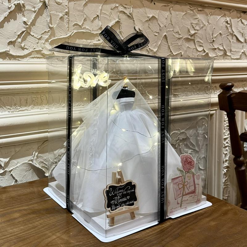 MINNIE Hộp Quà Váy Cưới Mini Trơn Đẹp Lung Linh Tặng Người Yêu Vợ Bạn Thân Ngày Sinh Nhật Ngày Cưới Combo Hộp Trong Suốt Ruy Băng Đèn LOVE & Đèn Nháy 2M 