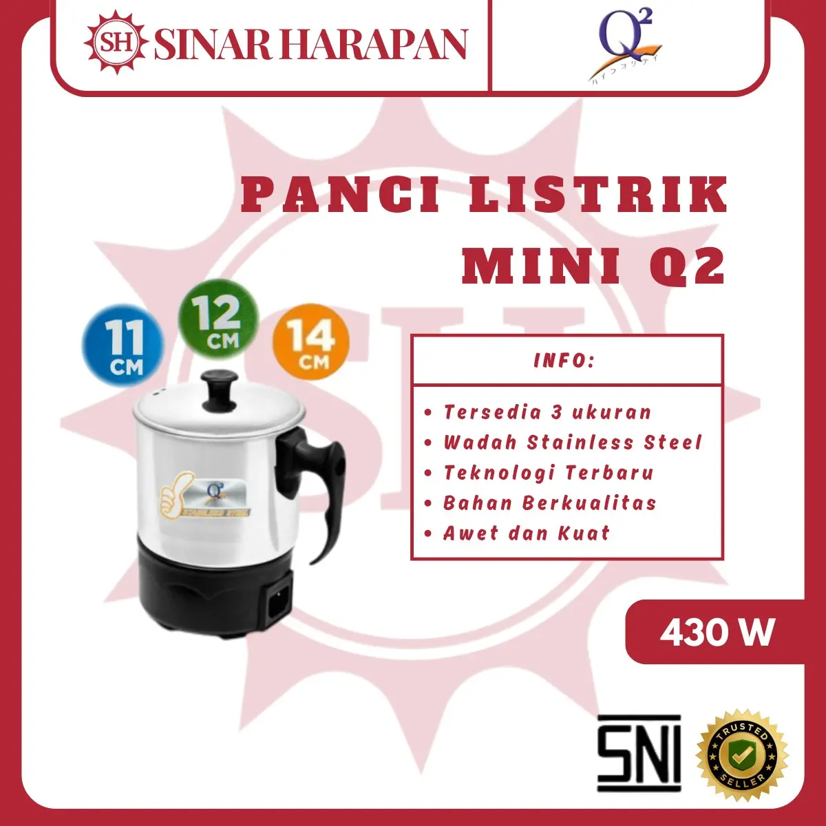 Panci Listrik Mini Q2 430 Watt Ukuran 11 cm, 12 cm, 14 cm / Muq Listrik Stainless / Teko Kabel Listrik / Wadah Pemanas Air