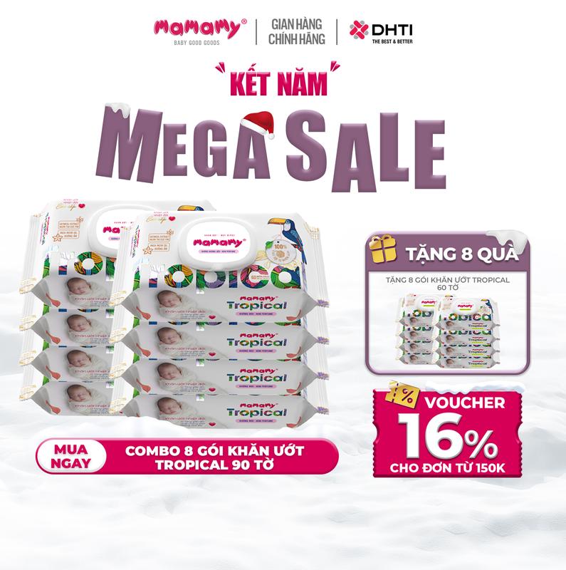 MUA 8 TẶNG 8 MUA 8 gói khăn ướt Mamamy Tropical 90 tờ cao cấp chính hãng cho mẹ và bé sợi vải thuần tự nhiên và rayon x2 chất chống hăm bổ sung tinh chất thiên nhiên TẶNG 8 gói khăn ướt Mamamy Tropical 60 tờ không hương thơm