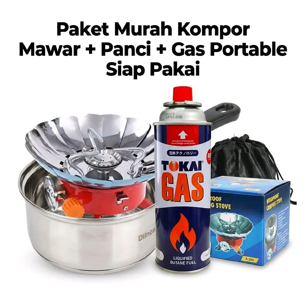 Paket Termurah Kompor Camping siap pakai sudah termasuk panci & Gas portable