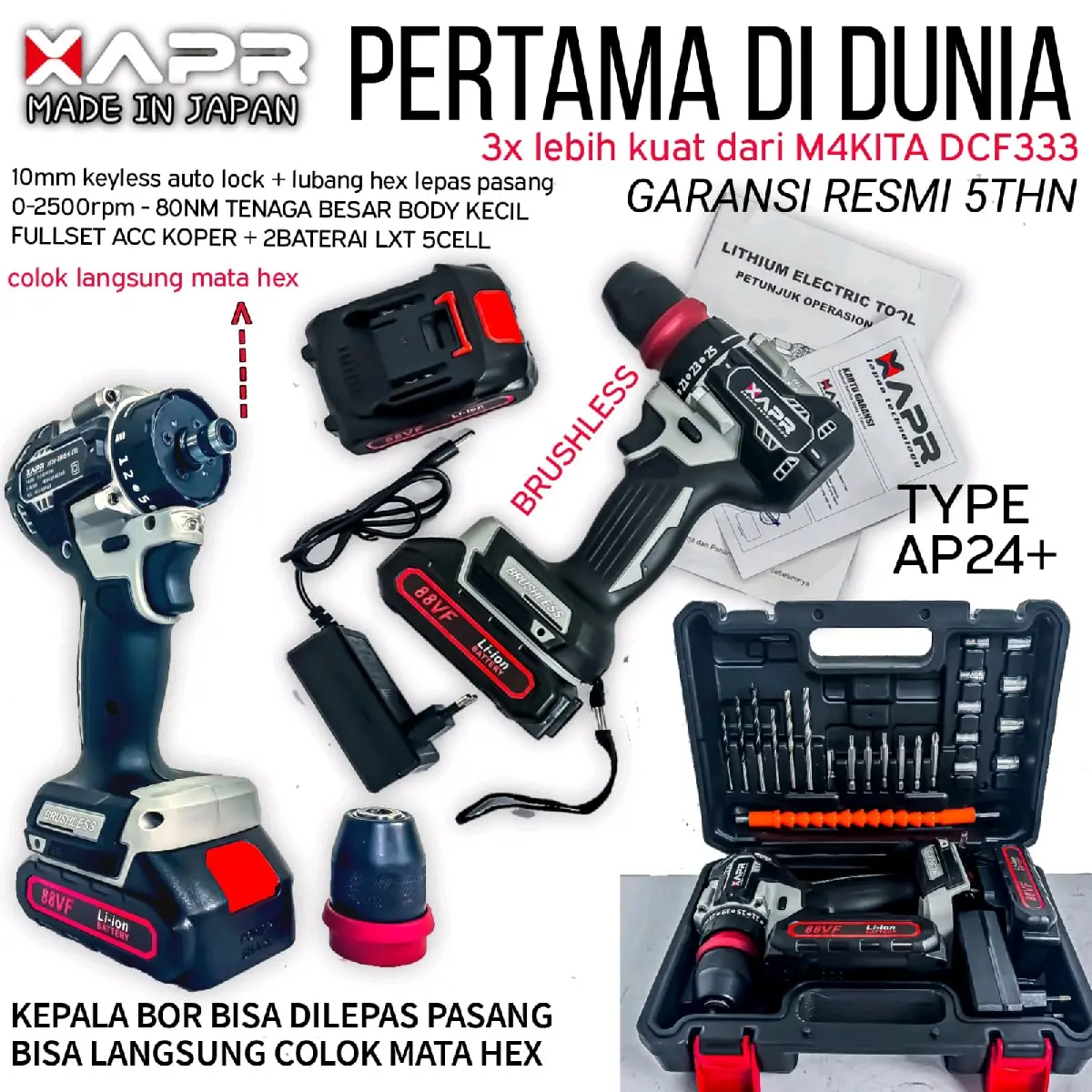 APR bor brushless driver 10mm keyless auto lock type ap24+ fullset accecoris mesin bor cordless 2 baterai lxt 88vf 5cell