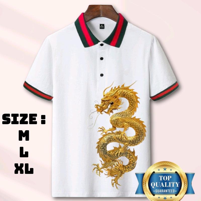 KAOS KERAH MANSET LENGAN PENDEK SABLON NAGA EMAS TERBARU/KAOS DISTRO TERLARIS/KAOS KATUN PRIA TERBARU/KAOS POLO Dewasa Regular White 8