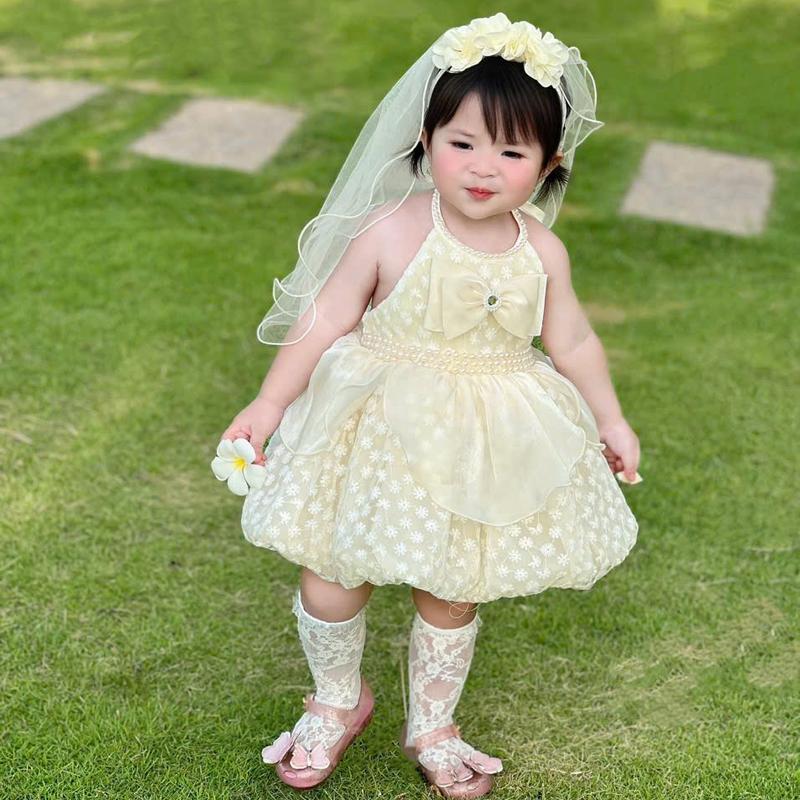 Váy Công Chúa Yếm Cao Cấp Chân Váy Bí Màu Vàng Kem DC Kèm Bờm 4-15 Kg,Váy Cho Bé Gái Đầy Tháng Sinh Nhật Dự Tiệc