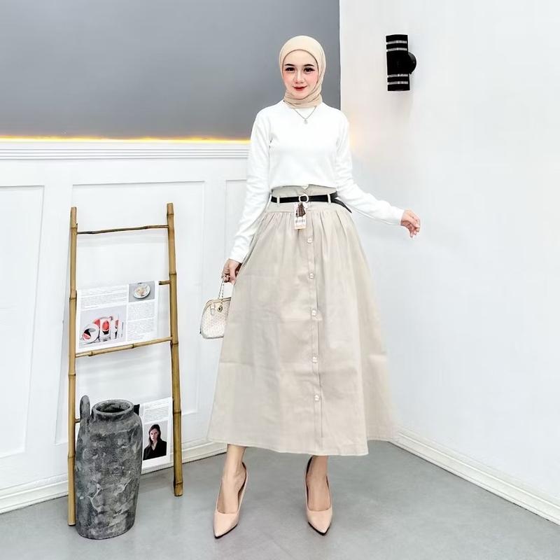 JESIKA- Joy Skirt Korean Style- Terbaru Maxi Skirt Katun Strech - Skirt Model Midi & Panjang- Rok Wanita Terlaris Serut 4