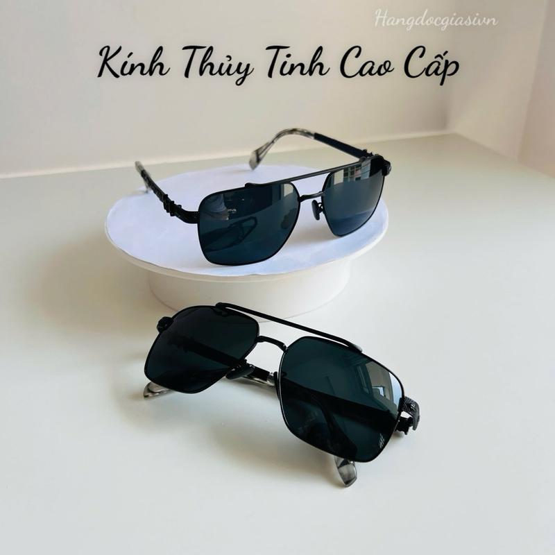 Mắt Kính Râm Tròng Thủy Tinh Màu Đen Gọng Kim Loại Sang Trọng Tặng Kèm Hộp